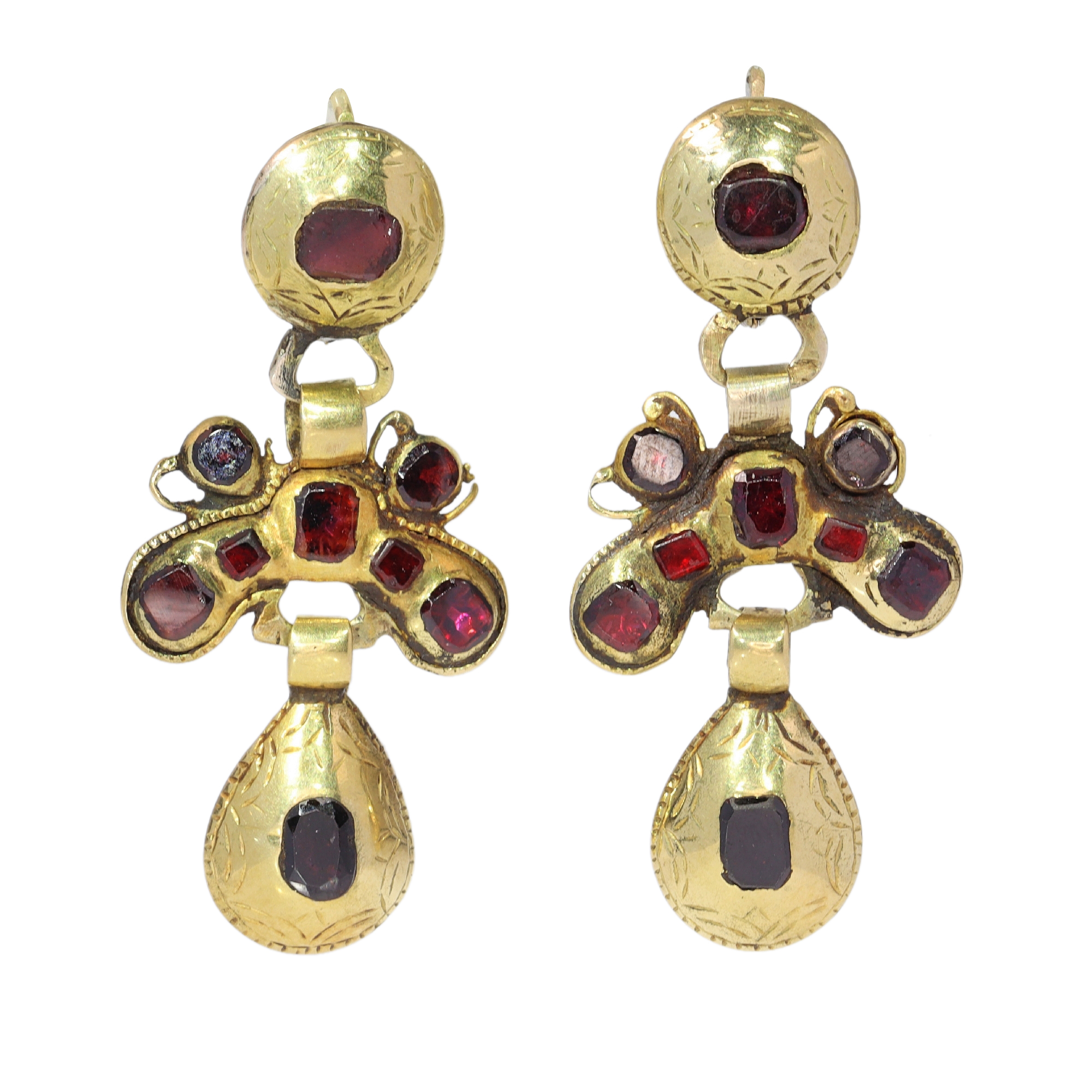Baroque Iberian Earrings, c.1750  Rare Survivors in 18K Gold with Garnets